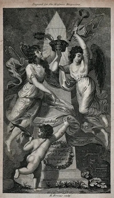 A masonic tribute to the duchess of Leinster, a governess of Lock Penitentiary, Dublin: she is attended by Virtue and Fame