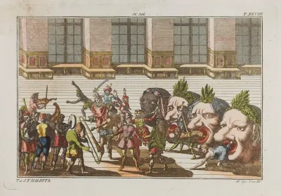 A masque. Coloured engraving, ca. 1804-1811