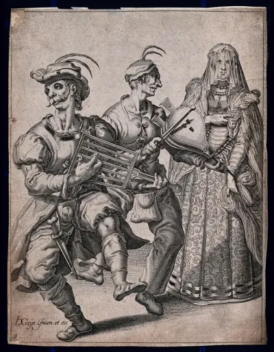 A masquerade: two men in masks pretend to play musical instruments for a young woman who is wearing a veil