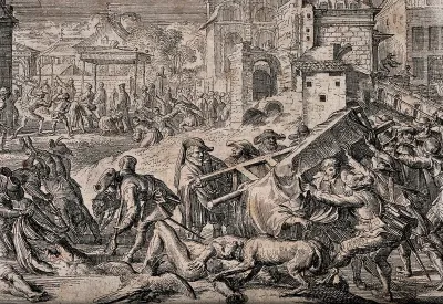 A mass execution outside the town fortifications while a Christian procession takes place within the town walls