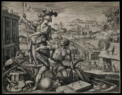 A mathematician draws a semi-circle while Minerva watches over him