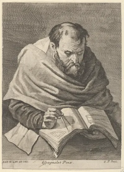 A mathematician seated at a table, working on mathematical equations, plate 34 from a portfolio of prints of the Imperial Gallery of Paintings in Vienna
