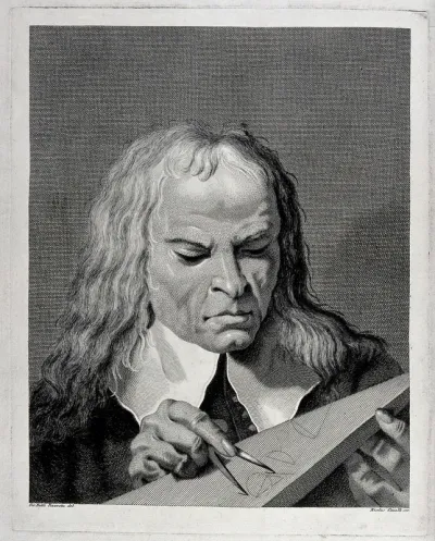 A mathematician using dividers to draw geometrical shapes on a tablet