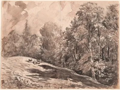 A Meadow with a Shepherd and Goats at the Edge of a Forest