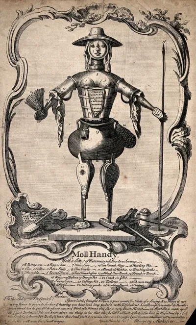 A mechanical housemaid constructed from pieces of household equipment