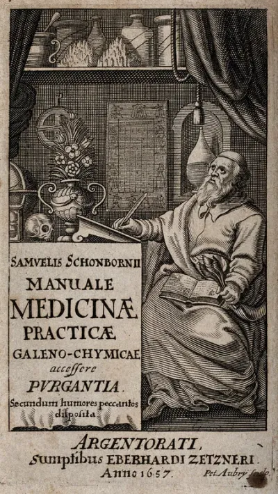 A medical author seated at his desk, writing, a herbal on his lap