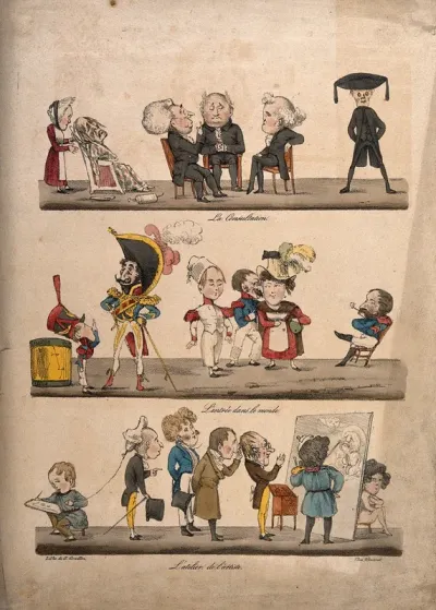 A medical consultation while a patient dies; a group of soldiers with a family; men in an artist's loft