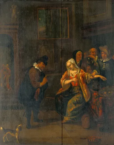 A medical practitioner examines the urine and takes the pulse of a woman, while another man gives her advice