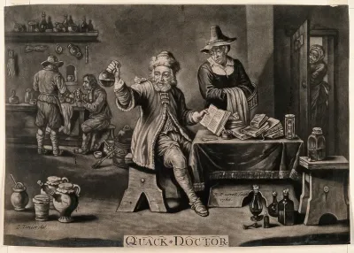 A medical practitioner examining a urine flask and referring to a book, while the patient waits for the diagnosis;, two assistants are preparing ingredients in the background