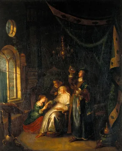 A medical practitioner examining the urine of a sick woman