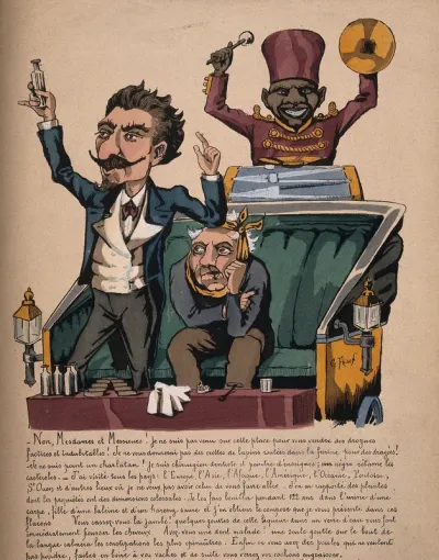 A medicine show; a moustachioed charlatan holds up a phial, a miserable patient sits in the carriage and a black man in uniform bangs the drums