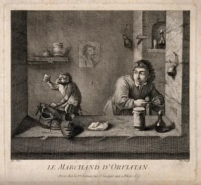 A medicine vendor tying up his pet monkey