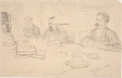 A Meeting in the Academy of Arts: Count Ivan Tolstoy, Painter Vladimir Makovsky, Sculptor Vladimir Beklemishev and Architect Aleksandr Pomerantsev