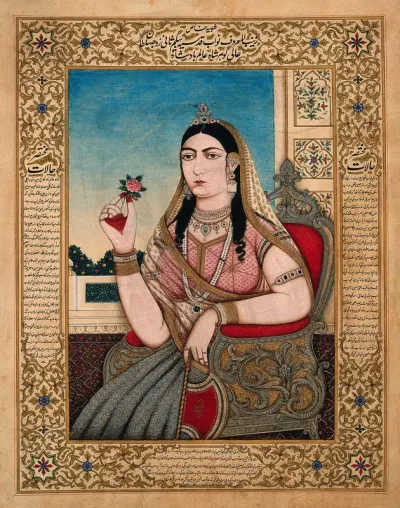 A member of a Mughal royal family sitting on a chair, holding a fan and a flower in her hands