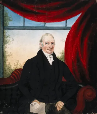 A member of the Jenner family (?), seated on a sofa, holding a paper in his right hand; behind, a window framed with a red curtain