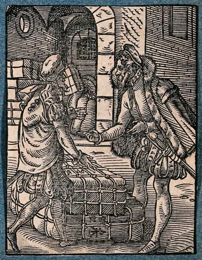 A merchant haggles with another merchant over a large bundle of goods