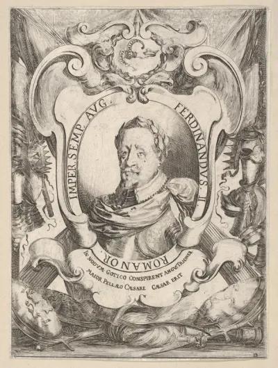 A mid-bust portrait of Emperor Ferdinand II, within an oval frame, surrounded by armor