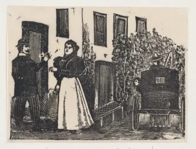 A middle-class couple (Maria la chiquita) outside a house with a waiting coach