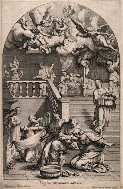 A midwife gives the Virgin Mary her first bath, Joachim looks and exclaims to the heavens where angels are celebrating her birth