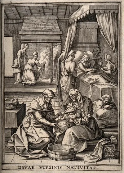 A midwife giving the Virgin Mary her first bath while Anna is recovering in bed