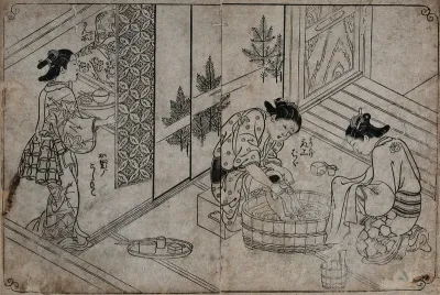 A midwife washes a newborn baby while a kneeling attendant proffers a robe with which to wrap it; left, an attendant brings food to the mother whose hand can be glimpsed behind a screen