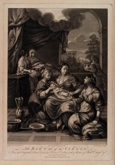 A midwife wrapping the Virgin Mary in swaddling clothes after receiving her first bath; Anne is recuperating in bed