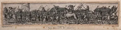 A military procession of mercenary soldiers, followed by a winged figure of Death on horseback who is accompanied by two skeletal accomplices