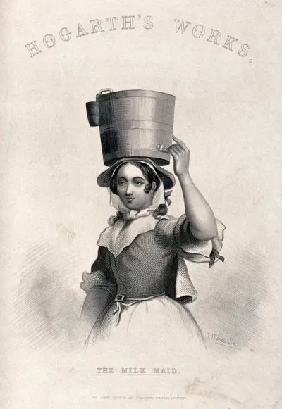 A milk maid holding a milk pail on her head