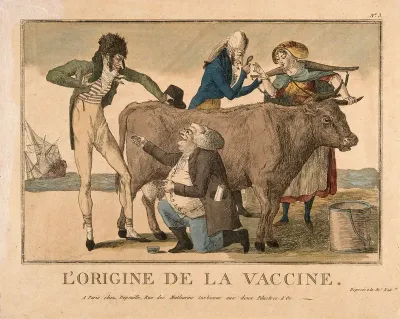 A milk maid shows her cowpoxed hand to a physician, while a farmer or surgeon offers to a dandy inoculation with cowpox that he has taken from a cow
