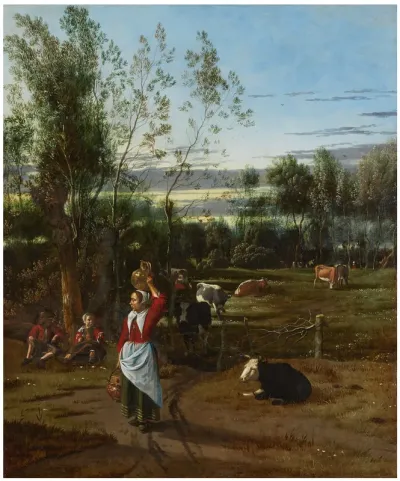 A Milkmaid and Children in a Field, Cattle Grazing beyond