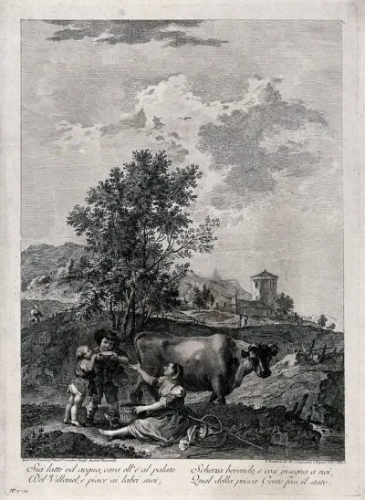 A milkmaid milking a cow and giving a bowl of the milk to two children