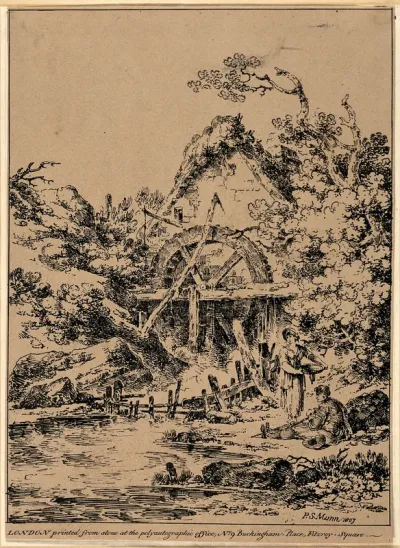 A mill; a man and a woman in the foreground