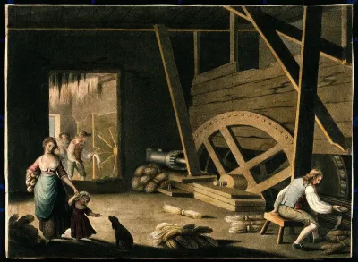 A mill in Northern Ireland in which flax is processed to make linen: (right) the flax is broken between rotating rollers, then (left) scutched by blades on a rotating wheel; a woman with a child carries away bundles of flax