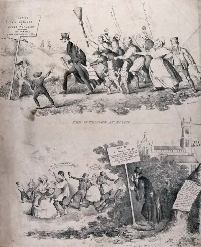 A minister appointed to the parish of Ellon, Aberdeenshire, is being chased away by angry parishioners (above); he stands behind a bush with a placard in his hand, watching the people's hedonistic behaviour (below)