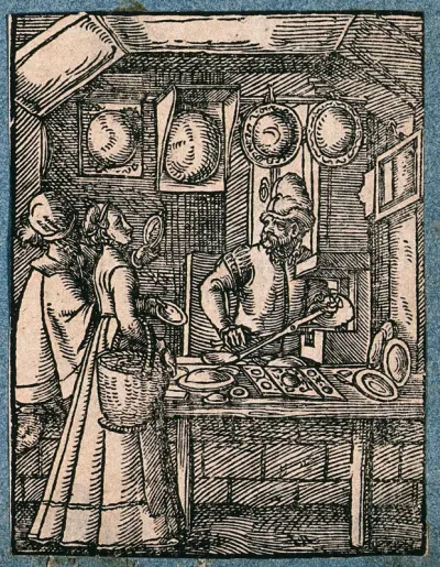 A mirror maker in his workshop, with convex mirrors on display and two customers trying out hand-held mirrors