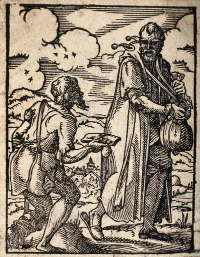 A miser and usurer holding a money-bag is accosted by a poor man on crutches