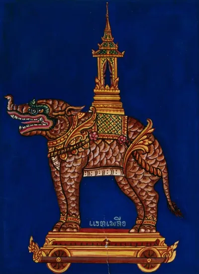 A model of a monstrous four-footed creature standing on a wagon with a howdah on its back