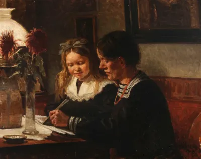 A mom reads with her daughter. da= En mor læser med sin datter.