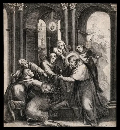 A monastic saint with other monks and a lion in a cloister