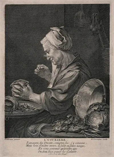 A money lender sits at her kitchen table studying her money