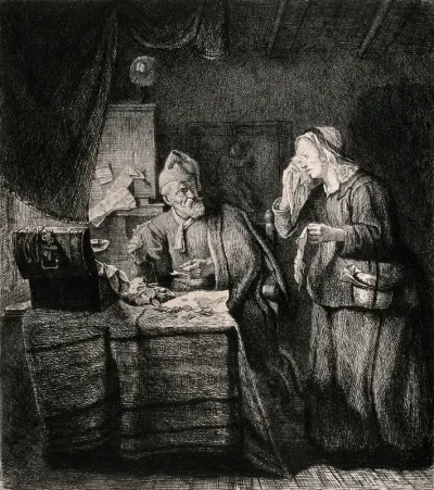 A moneylender visited by a woman customer who is weeping