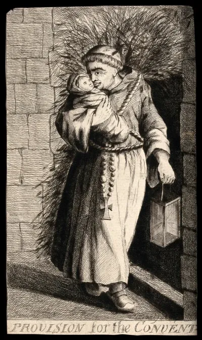 A monk carries a small child at night, while on his back he carries a bundle in which the face of a woman is visible: he is delivering them to a convent