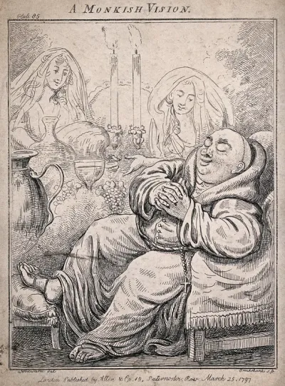 A monk is asleep in his chair dreaming of being offered food and wine by young women