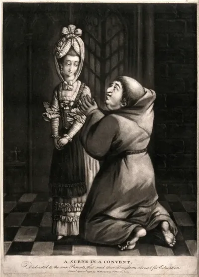 A monk is on his knees in front of a young woman