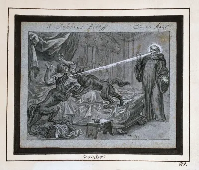 A monk, suffering a hallucination that he is being attacked by wolves, being freed from his delusions by Saint Anselm