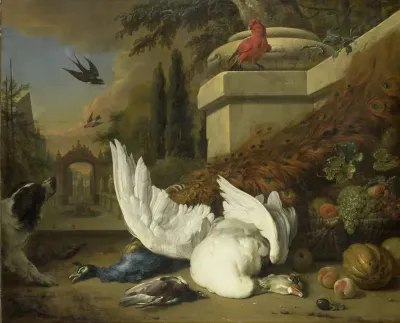 A monkey and a dog beside dead game and fruits, with the estate of Rijxdorp near Wassenaar in the background
