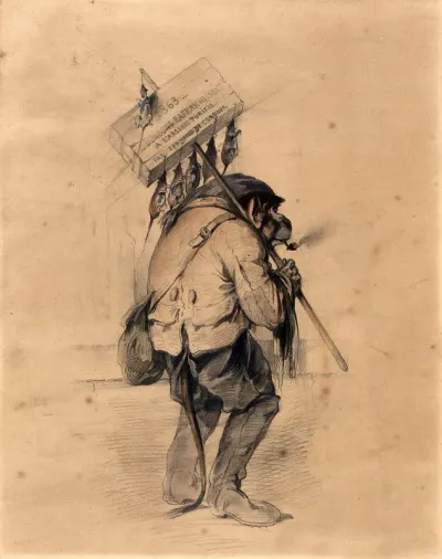 A monkey dressed as a rat-catcher, smokes a pipe, and holds a pole with a wooden box attached to it (containing rat poison) from which dead rats dangle