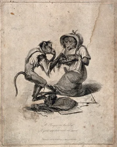 A monkey dressed in human clothes is tasting a pie offered to him by a female monkey