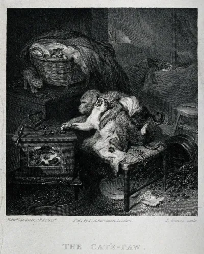 A monkey forcing a cat to retrieve hot chestnuts, so burning its paws on the stove; two kittens in the background