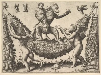 A monkey holding a bound putto standing on a garland in front of which are two winged putti, from a series of tapestries made for Leo X